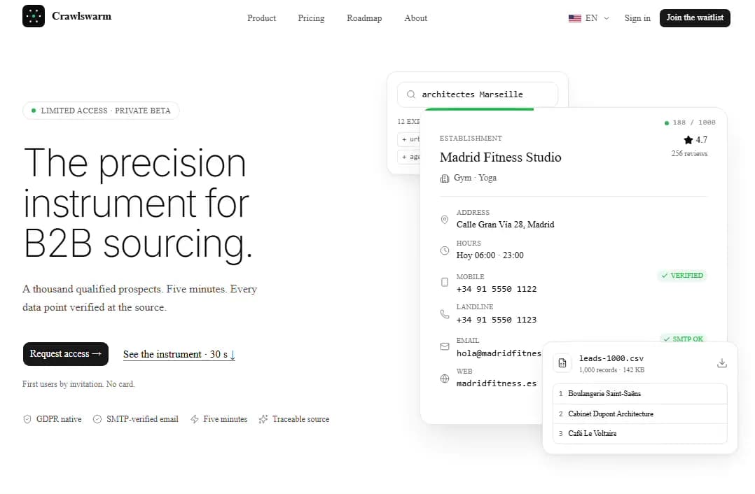 Interface Crawlswarm de recherche et d’enrichissement de prospects